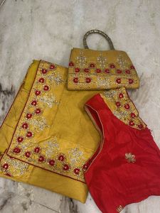 Yellow Saree with Red Blouse & Handbag