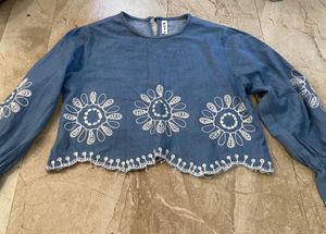Blue Denim Top with White Embroidery