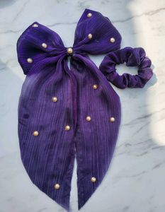 Purple Pearl Hair Bow and Scrunchie Set