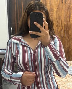 Striped Collared Button-Up Top