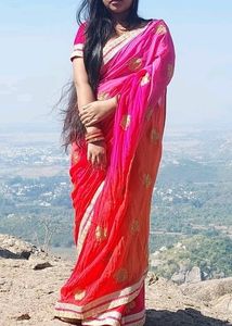 Orange, Pink Dual Tone Chiffon Saree With Blouse