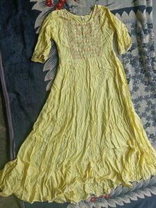 Yellow Anarkali Kurta with Mirror Work