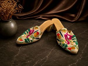 Embroidered Mules with Flamingo Design