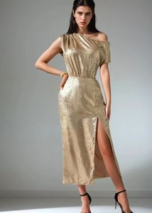 Newme Gold Metallic Asymmetric Neck Midi