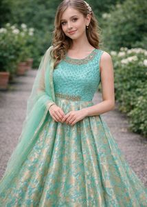 Elegant Teal & Gold Embroidered Ethnic Gown