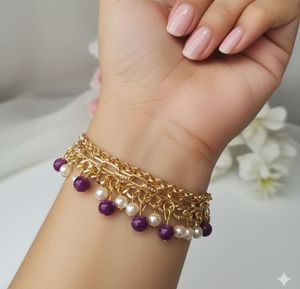 four layer Gold Chain Bracelet with Purple Beads