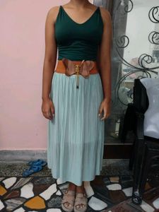 Premium Shiny Mint Green Pleated Maxi Skirt (Size