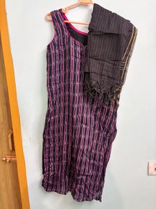 Purple &amp; Black Striped Kurti with Dupatta