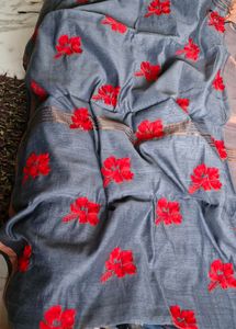 Elegant grey Saree with Red Floral Embroidery
