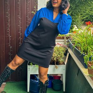 Chic Contrast Dress: Blue Top &amp; Black Skirt