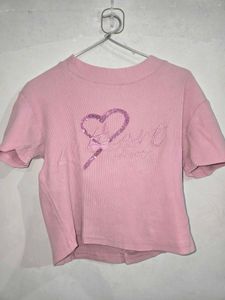 Pink Cropped Ribbed Top with Heart Detail