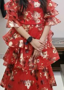 Red Floral crop top and long skirt