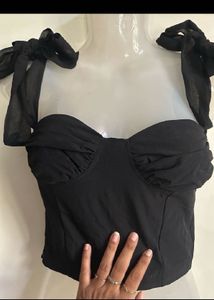 Black Tie-Shoulder Crop Top
