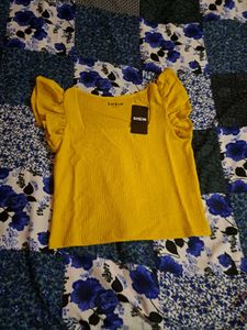 Shein fitted square nevk Yellow Ruffle Sleeve Top