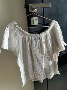 White Off-Shoulder Textured Crop Top