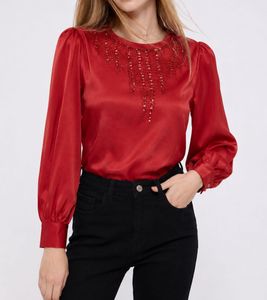 Red Satin Blouse with Embellishments