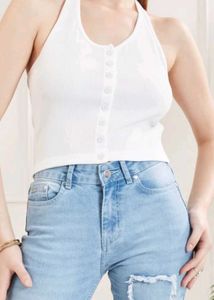 White Ribbed Halter Neck Button-Up Top