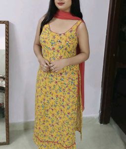 Beautiful Yellow Floral Kurta Set with Red Dupatta