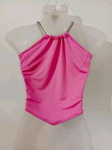 Pink Halter Neck Chain Detail Crop Top