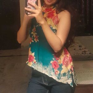 floral print teal y2k halterneck top