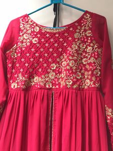Rani Color Anarkali Kurti With Pant And Dupatta