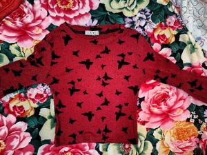Red Butterfly printed bell Sleeves sheer Top