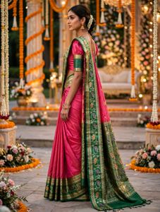 Elegant Pink Silk Saree with Green Border