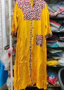 Yellow Anarkali Long Kurta with Printed Yoke