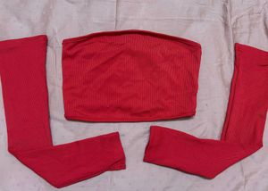 Red Ribbed Tube Top with detachable sleeves