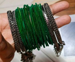 Green Velvet Bangles with Oxidized Metal and earri