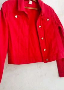 Vibrant Red Cropped Denim Jacket