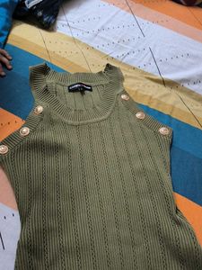 Olive Green Sleeveless Top with Buttons