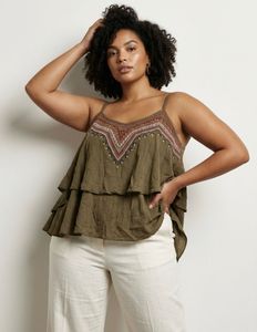 Boho Embroidered Tiered Cami Top in Olive Green