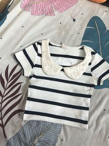 Striped Cropped Top with Lace Collar