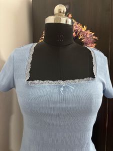 Baby Blue Ribbed Top with Lace Trim