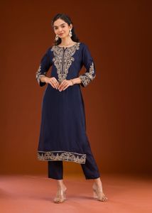 Embroidered Navy Blue Kurta