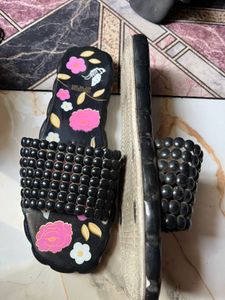 Black Floral Beaded Slides