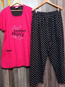 Comfy Pink &amp; Black Polka Dot Nightsuit cord set