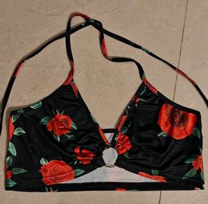 Black Rose Print Halter Top