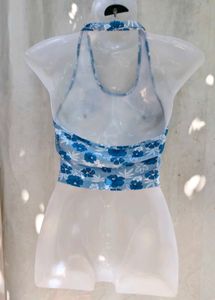 Blue Floral Halter Neck Crop Top