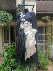 Vintage Couture Black & Silver A line Gown
