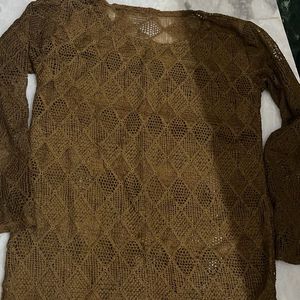 Brown Crochet Net Top and white crop to