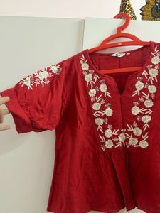 Red Embroidered Short Sleeve Top