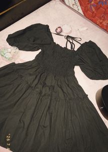 Black Smocked Puff Sleeve Tiered Dress