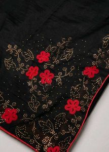 Elegant Black Saree with Red Floral Embroidery