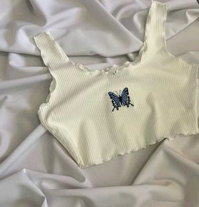 Shein Ofwhite Butterfly Embroidered Tank Top