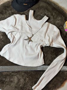Cream Ribbed Cut-out Long Sleeve Top