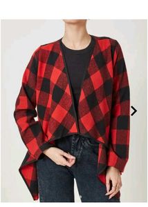 Shein Red & Black Plaid open front long shrug