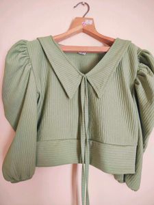 Green Puff Sleeve Tie Top
