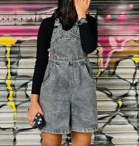 Gray Wash Denim Overalls Shorts